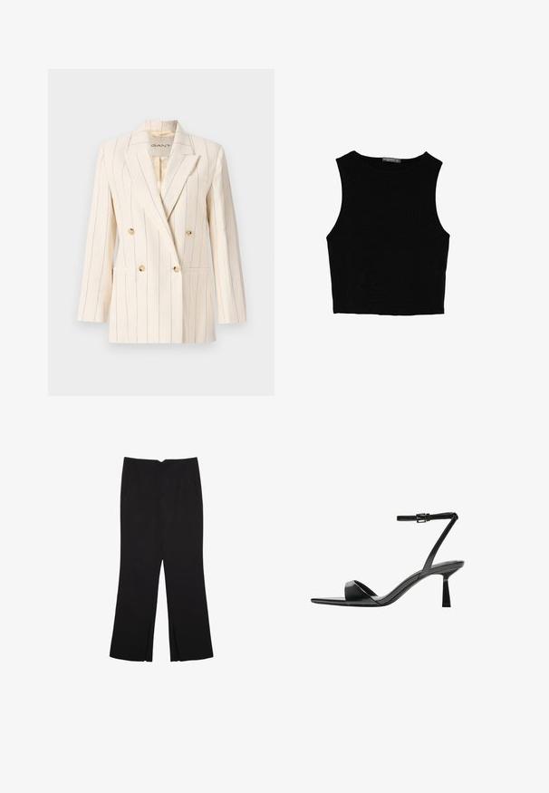 Dwurzędowa marynarka w kremowym materiale z pionowymi niebieskimi paskami. Posiada dwie przednie kieszenie, guziki w kolorze złotym oraz klapę z wycięciem.; Czarny bezrękawnik crop top z gładkiego materiału, z okrągłym dekoltem i czystym, prostym wzornictwem, bez wzorów czy metalowych elementów.; Czarne spodnie o prostym kroju, z przednimi kieszeniami i bocznymi rozcięciami na dole. Wykonane z miękkiego, gładkiego materiału. Odpowiednie na różne okazje.; Bershka - Sandały na obcasie