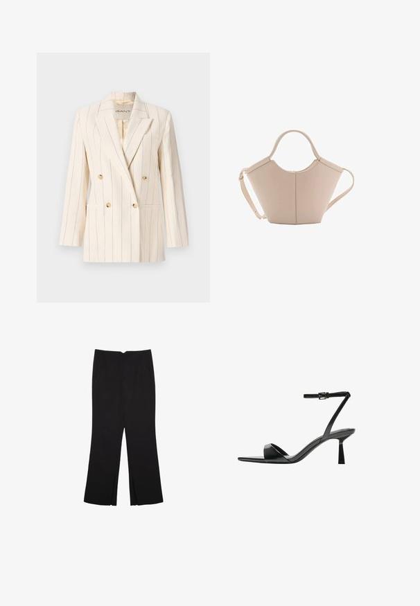 Dvojradový blejzer z krémovej látky s vertikálnymi modrými pruhmi. Obsahuje dve predné vrecká, gombíky v zlatom tóne a klopa s rohom.; Čierny tank top vyrobený z bavlny, s okrúhlym výstrihom a širokými ramienkami. Hladká textúra so zošitými okrajmi. Klasický, minimalistický dizajn.; Čierne nohavice so strihom rovného strihu, s prednými vreckami a bočnými rozparkami na leme. Vyrobené z mäkkej, hladkej tkaniny. Vhodné na rôzne príležitosti.; Bershka Sandále na vysokom opätku - black; Béžová kožená kabelka s unikátnym tvarom, vybavená dvoma krátkymi uchami a jedným dlhým nastaviteľným popruhom. Hladký povrch s minimálnym kovovým príslušenstvom.