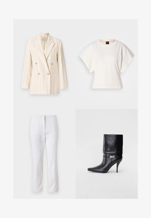Blazer cruzado em tecido creme com riscas verticais azuis. Apresenta dois bolsos frontais, botões em tom dourado e lapela notched.; T-shirt branco cropped, mangas curtas e largas, material de algodão suave, decote redondo com um discreto acabamento laranja, design minimalista, sem padrões ou gráficos.; Calças de algodão brancas com um design de perna reta, apresentando uma cintura de altura média e sem hardware ou padrões visíveis. Textura suave por toda a peça.; Bota de tornozelo em couro preto com bico fino, alto salto stiletto, punho dobrado e detalhe decorativo em fivela dourada no tornozelo.