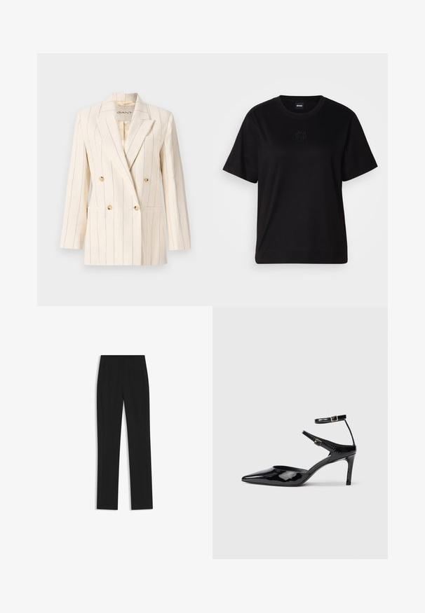 Blazer de doble botonadura en tejido crema con rayas verticales azules. Cuenta con dos bolsillos frontales, botones en tono dorado y solapa muesca.; Camiseta de algodón negra con cuello redondo, mangas cortas y un logo bordado en el pecho. Ajuste simple y relajado sin patrones.; Pantalones de traje negros con un diseño de pierna recta, que cuentan con bolsillos delanteros y una tela suave y texturizada. Detalles limpios y minimalistas.; Tacones de charol negros con puntera puntiaguda, correas ajustables en el tobillo y un tacón delgado. Textura suave con un acabado brillante.