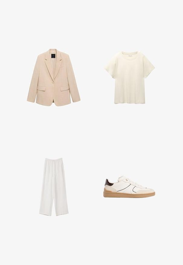 Bež žaket od teksturirane tkanine, s jedno dugme zatvaranjem, izrezanim reverima i dvije prednje džepove. Jednostavan, krojeni dizajn.; Svijetlo bež majica kratkih rukava s okruglim izrezom, izrađena od meke, glatke tkanine. Karakterizira je opušteni kroj i ravni rub.; Bijele hlače širokih nogavica napravljene od lagane tkanine. Imaju elastičan pojas s ušicom i bočne džepove. Glatka tekstura.; Stradivarius Tenisice - white