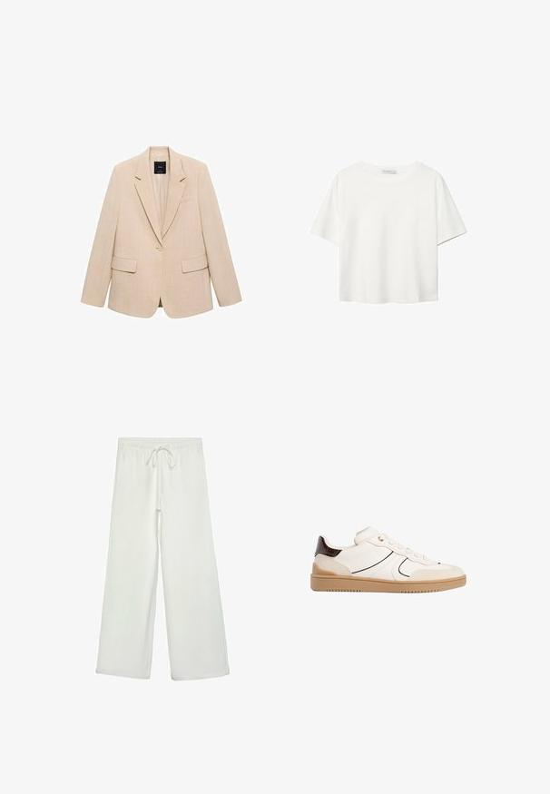 Beige blazer lavet af struktureret stof, med en enkelt knaplukning, notch-lapel og to forlommer. Simpelt, skræddersyet design.; Hvid kortærmet t-shirt lavet af bomuld. Har en rund halsudskæring og en afslappet pasform. Glat tekstur uden synlige mønstre eller detaljer.; Hvide bukser med bred ejer lavet af blødt stof. Har en elastisk talje med snor og en glat tekstur. Ingen synlige mønstre eller hardware.; Stradivarius Sneakers - white