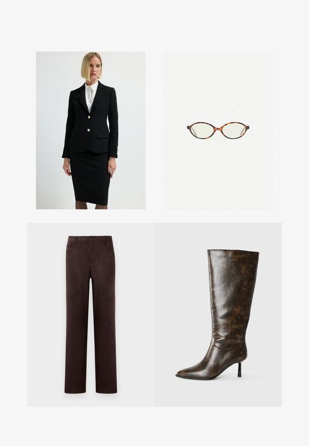 Zwarte op maat gemaakte blazer met gouden knopen, dubbele voorzakken en een strak ontwerp. Gecombineerd met een strakke zwarte kokerrok en een witte blouse.; Witte overhemdd met lange mouwen, voorzien van een klassieke kraag, gestructureerde pasvorm en subtiele verticale naden voor extra detail.; Rechtdoorgaande donkerbruine suede broeken met voorknop- en ritssluiting, riemlussen en zijzakken.; Bruine, versleten leren kniehoge laars met een puntige teen en dunne stilettohak op een witte achtergrond.; Kattenoogbril met ovale lenzen en een strakke, gladde afwerking. Heeft dunne zijkanten met een subtiele kromming bij de slapen. Transparante lenzen.