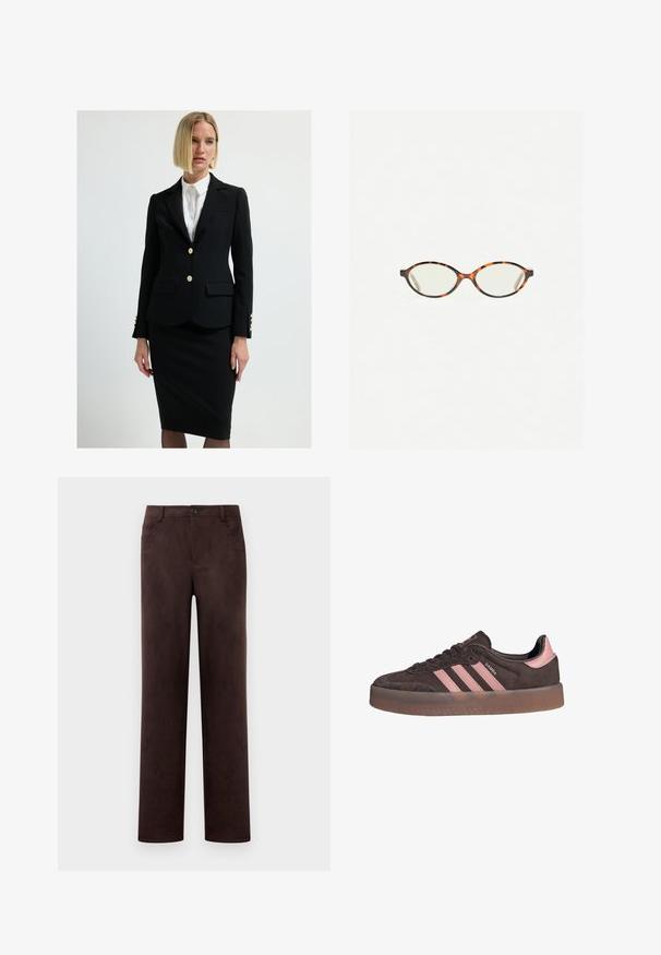 Blazer nero su misura con bottoni dorati, doppie tasche frontali e design elegante. Abbinato a una gonna a tubino nera fitted e a una camicia bianca.; Camicia bianca con bottoni, a maniche lunghe, con colletto classico, vestibilità strutturata e sottili cuciture verticali per un tocco di dettaglio.; Pantaloni in suede marrone scuro a gamba dritta con chiusura anteriore a bottone e zip, passanti per cintura e tasche laterali.; Sneaker in suede marrone con tre strisce rosa e accentuazione sul tallone. Presenta una punta rotonda e una suola in gomma testurizzata con un bordo trasparente.; Occhiali in tartaruga con lenti ovali e una finitura liscia e elegante. Presentano aste sottili con una leggera curva alle tempie. Lenti trasparenti.; Zign LEATHER - Shopping bag - light brown