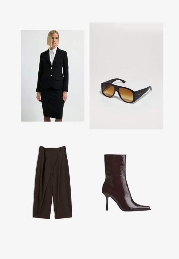 Schwarze taillierte Blazer mit goldenen Knöpfen, doppelten Fronttaschen und elegantem Design. Kombiniert mit einem figurbetonten schwarzen Bleistiftrock und einer weißen Bluse.; Dunkelblaues Hemd mit weißen vertikalen Streifen, langen Ärmeln, spitzem Kragen und leicht abgerundetem Saum, aus einem glatten Stoff gefertigt.; Dunkelbraune, weite Hosen mit hohem Bund, die über einen einzigen Knopfverschluss und eine gefaltete Vorderseite verfügen. Hergestellt aus leichtem Stoff.; Burgunderfarbene Knöchelstiefel mit glänzender Oberfläche, spitzem Zeh und dünnem, hohen Absatz. Das schlanke Design hebt die glatte Textur und die stromlinienförmige Silhouette hervor.; Schwarze rechteckige Sonnenbrille mit braunen Verlaufslinsen. Hergestellt aus Plastik, mit einer glatten Oberfläche und einem dezenten goldenen Logo am Bügel.