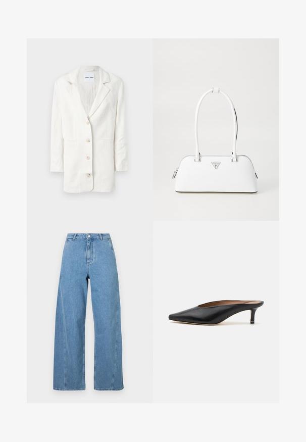 Witte blazer van een lichtgewicht stof, met een enkelvoudig ontwerp, geknopt revers en drie knopen aan de voorkant met bijpassende knoopsgaten.; Grijs gebreid sweater met een kattenafbeelding in zwart en beige, met het woord "Toekomst" in het roze over de voorkant.; Lichtblauwe wijde jeans gemaakt van denim, met een hoge taille, rechte snit en contrasterende stiksels langs de naden.; Zwarte leren muiltjes met een puntige neus en een lage, blokhak. Glad oppervlak met een gestroomlijnd ontwerp. Open achterkant met minimale details.; Witte leren handtas met een gebogen vorm, voorzien van een zilveren driehoekig logo en ritssluiting. Gladde textuur en dubbele handvaten.