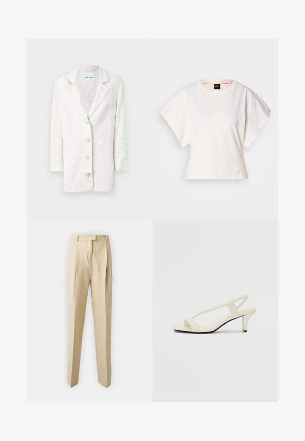 Bijela blejzerica izrađena od lagane tkanine, s jednostrukim kopčanjem, reverima u obliku slova V i tri prednja gumba s odgovarajućim rupicama za gumbe.; Bijeli skraćeni T-shirt, široke kratke rukave, mekani pamučni materijal, okrugli izrez s suptilnim narančastim detaljem, minimalistički dizajn, bez uzoraka ili grafika.; Bež hlače prilagođenog kroja s ravnim rezom, s nabranim detaljima, pojasom i glatkom teksturom. Nema vidljivih džepova ili ukrasnih elemenata.; Bež sandale na blok petu s tankim remenčićima i kvadratnim vrhom. Glatki materijal s minimalnim detaljima, dizajnirane za jednostavno nošenje.