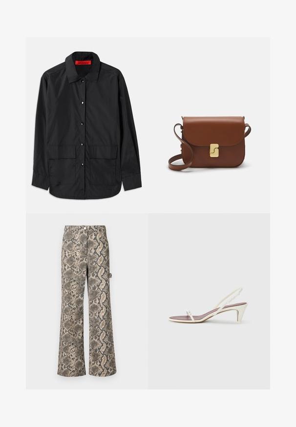 Juodas mygtukų marškiniai, pagaminti iš lengvos medžiagos, su klasikinio stiliaus apykakle, dviem priekinėmis kišenėmis ir raudona vidine etikete.; Tamsiai mėlynas megztukas su apvaliu iškirpimu, ilgomis raglan rankovėmis, rausvais rankogaliais ir tiesiu apatine dalimi. Pagamintas iš minkštos, tekstūruotos megztos medžiagos.; Plačiai šios kelnės su dirbtiniu gyvatės odos raštu, su tan ir juodos spalvų atspalviais, turi lygią tekstūrą ir standartinę juosmenį.; Baltos slingback šlepetės su lengvu kulnu, plonais dirželiais ir lygia odos tekstūra; turi mažą dekoratyvinę sagtelę.; Ruda odinė rankinė su uždaromu dangteliu, aukso spalvos detalėmis, petneša ir lygiu paviršiumi. Kompaktiška stačiakampio formos.