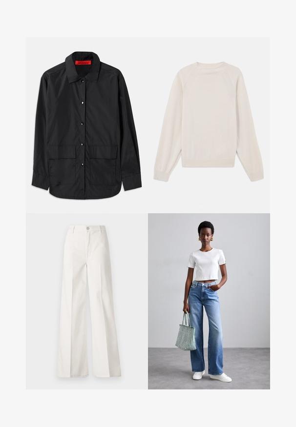 Svart skjorte med knapper laget av lett materiale, med klassisk krage, to frontlommer og en rød intern etikett.; Lys kremfarget genser laget av myk strikket stoff. Har rund hals, lange ermer, og ribbestrikkede mansjetter og kant med raglanermer.; Hvite vide bukser laget av bomull med en glatt tekstur. Har en frontknapp, glidelåsgylf og fire lommer.; Hvit ribbet cropped t-skjorte, lyseblå vide jeans og hvite joggesko. Holder en grønn og hvit stripete totebag.