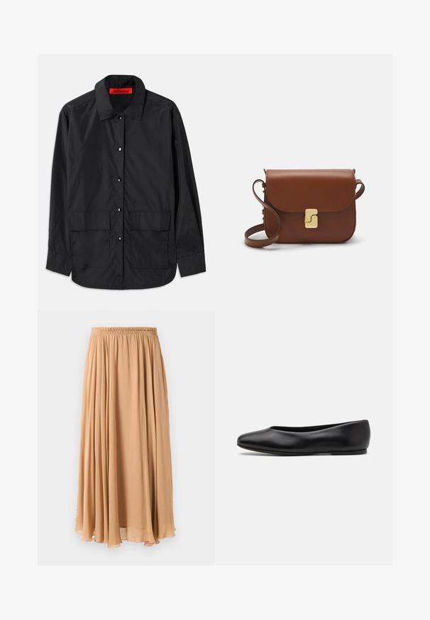 Zwarte button-up shirt van lichtgewicht stof, met een klassieke kraag, twee voorzakken en een rode interne label.; Licht beige cropped sweater met een ritskraag, voorzien van een textuurpatroon en geribde manchetten en onderrand. Combineert gebreide en geweven materialen.; Maxi rok in lichtbeige, gemaakt van luchtige stof. Beschikt over een gegatherde elastische tailleband en zachte plooien voor beweging.; Paul Smith TOPANGA - Ballerina's - black; Bruine leren handtas met een klep sluiting, gouden hardware, een schouderband en een gladde textuur. Compact rechthoekige vorm.