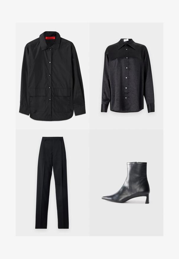 Črna srajca s dugimi rukavima od lagane tkanine, s klasičnom kragnom, dva prednja žepa in rdečim notranjim oznakom.; Črna srajca z dolgimi rokavi in ovratnikom, ki ima gubasto teksturo, celotno zapenjanje na gumb in manšete. Izdelana iz gladkega materiala.; Črne hlače iz gladkega materiala, ki imajo visok pas, široke noge, sprednje nabore in klasične zanke za pas. Nevidni stranski žepi.; Črne usnjene gležnjarje s šiljastim nosom in elegantnim dizajnom. Imajo nizko peto in zadrgo na zadnji strani. Gladka tekstura.