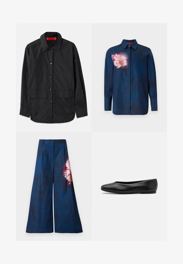 Crni košulja na dugih rukava izrađena od lagane tkanine, s klasičnim ovratnikom, dva prednja džepa i crvenom unutarnjom etiketom.; Tamnoplava majica s cvjetnim uzorkom u ružičastim tonovima na lijevoj strani prsnog dijela, s kragnom na gumbi i jednim džepom sprijeda.; Široke hlače od tamnoplavog materijala, s cvjetnim uzorkom u ružičastoj i žutoj boji s jedne strane, zatvaraju se gumbom u struku.; Paul Smith TOPANGA - Balerinke - black