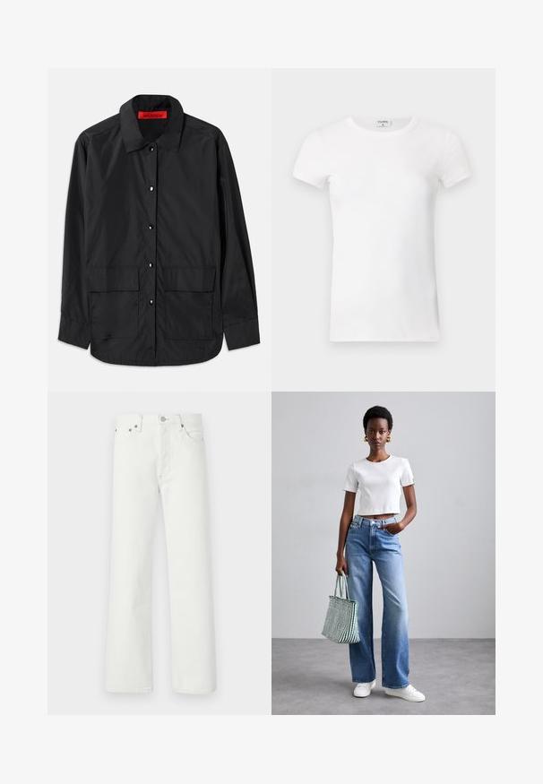 Black button-up shirt made of lightweight fabric, featuring a classic collar, two front pockets, and a red internal label.; White ribbed short-sleeve T-shirt with a crew neck. The fabric appears smooth with a fitted silhouette. Branding label visible at the collar.; White denim jeans featuring a straight-leg cut, five-pocket design, and metal hardware accents on the waistband and pockets.; White ribbed cropped t-shirt, light blue wide-leg jeans, and white sneakers. Holding a green and white striped tote bag.