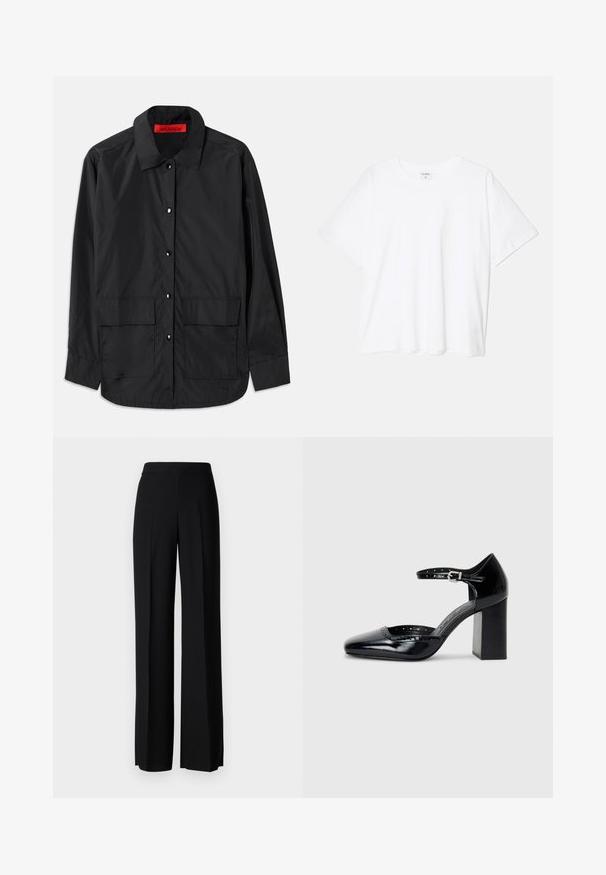 Črna srajca s dugimi rukavima od lagane tkanine, s klasičnom kragnom, dva prednja žepa in rdečim notranjim oznakom.; Bela bombažna majica s kratkimi rokavi, okroglim izrezom, sproščenim krojem in šivanim robom. Oznaka vidna na notranji strani izreza.; Črne široke hlače z gladko teksturo, z visokim pasom in središnjimi pregibi. Brez vidnih vzorcev ali kovinskih detajlov.; Črne lakirane usnjene čevlje s peto, kvadratnim izrezom, trakovi okrog gležnja in masivno peto. Vsebujejo perforirane detajle ob robu.