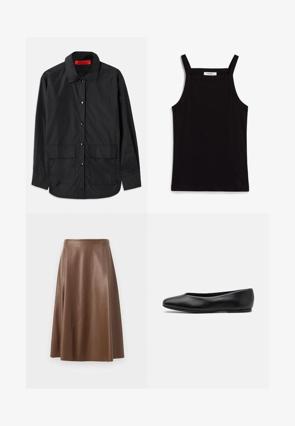 Camisa preta de botão, feita de um tecido leve, com colarinho clássico, dois bolsos frontais e um rótulo interno vermelho.; Camisola preta de alças finas em tecido canelado, com corte reto e uma etiqueta no decote que diz "IVY OAK."; Saia A-line de couro castanho com uma textura suave e um comprimento intermédio. Apresenta uma cintura justa e uma ligeira abertura a partir dos quadris.; Paul Smith TOPANGA - Sabrinas - black