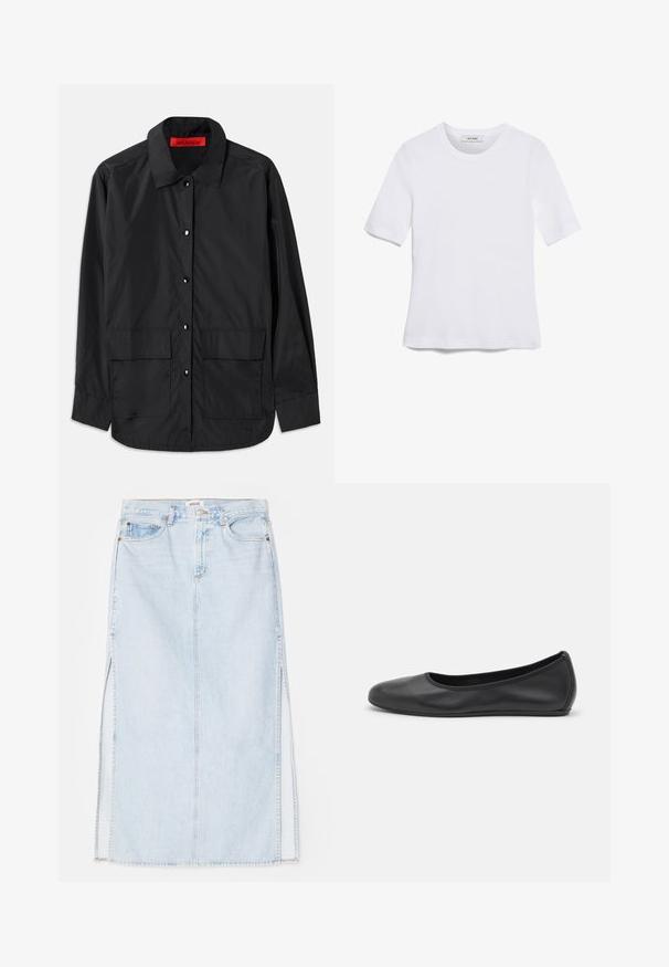 Sort skjorte med knapper, lavet af letvægtsstof, med klassisk krave, to forlommer og et rødt indvendigt mærke.; Hvid kortærmet t-shirt lavet af ribbet stof. Rund halsudskæring, almindelig pasform og subtile syninger. Ingen mønstre eller grafik.; Lyseblå denim maxi nederdel med lige snit, der har sideslidser og fem-lomme design. Fremtrædende syninger og metalknaplukning.; Sort læderballetsko med rund tå, glat tekstur, minimal syning og et fleksibelt såldesign.