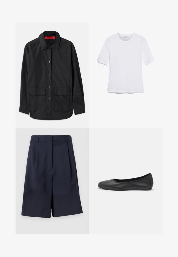 Czarna koszula z guzikami, wykonana z lekkiego materiału, charakteryzująca się klasycznym kołnierzykiem, dwiema przednimi kieszeniami oraz czerwonym wewnętrznym metką.; Biała koszulka krótki rękaw wykonana z materiału prążkowanego. Okrągły dekolt, regularny krój i subtelne detale szwów. Bez wzorów ani grafik.; Granatowe, dopasowane szorty wykonane z gładkiego materiału, z wysokim stanem, plisami z przodu i bocznymi kieszeniami. Czysta, zorganizowana sylwetka.; Czarne skórzane baletki z zaokrąglonym noskiem, gładką fakturą, minimalnymi przeszyciami i elastycznym designem podeszwy.