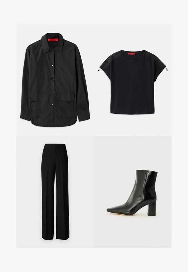 Black button-up shirt made of lightweight fabric, featuring a classic collar, two front pockets, and a red internal label.; Black cropped t-shirt with round neck. Features soft fabric with satin panels on shoulders and drawstring details at the sleeves.; Black wide-leg trousers with a smooth texture, featuring a high waistband and center pleats. No visible patterns or hardware details.; Black ankle boot made of glossy leather with a pointed toe and a chunky, square heel. Features a smooth texture and minimalistic design.