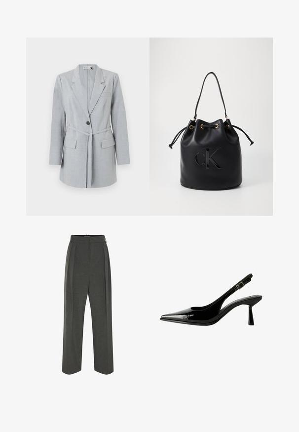 Vaaleanharmaa bleiseri, joka on valmistettu teksturoidusta kankaasta. Siinä on yksittäinen nappi, läpät ja kaksi etutaskua. Mukana on yhteensopiva vyö.; Musta hihaton paita, jossa on korkea kaula-aukko, valmistettu sileästä, joustavasta kankaasta, esiteltynä yksinkertaisella valkoisella taustalla.; Harmaat leveälahkeiset housut teksturoidusta kankaasta, joissa on korkea vyötärö ja etupilkut. Mallissa on sileä vyötärönauha ilman näkyviä kiinnityksiä.; Musta lakattu nahkasaapas, jossa on teräväkärkinen malli, leikattuja sivuja, säädettävä nilkkain ja ohut, virtaviivainen korko.; Musta nahkainen ämpärilaukku, jossa on kiristysnauha, etuosassa kiiltävä "CK"-logo ja kultasävytetyt yksityiskohdat.