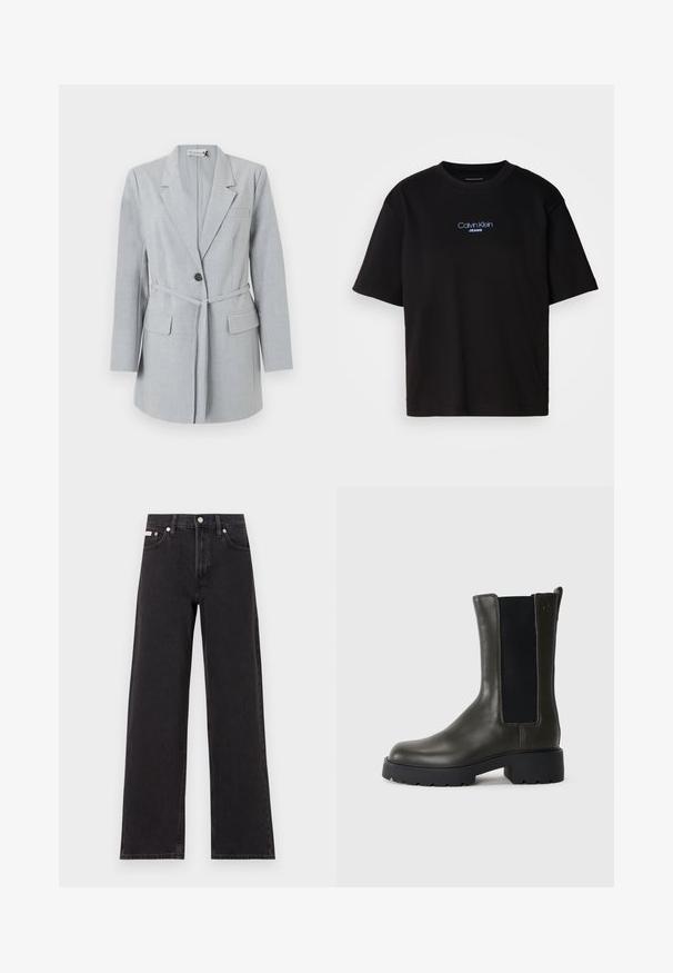 Világosszürke zakó texturált anyagból, egy gombbal, hajtókás gallérral és két elülső zsebbel. Tartalmaz egy hozzá illő övet.; Fekete pamut póló kerek nyakkal, rövid ujjú, elöl kék hímzett "Calvin Klein JEANS" logóval.; Fekete, bőszárú farmernadrág, magas derekú, öt zsebes kialakítással és fém gombos záródással, kontrasztos varrással.; Zöld bőr bokacsizma rugalmas oldalpanellekkel, kerek orral és gumitalppal. Texturált felülettel és tömb sarkú kialakítással rendelkezik.