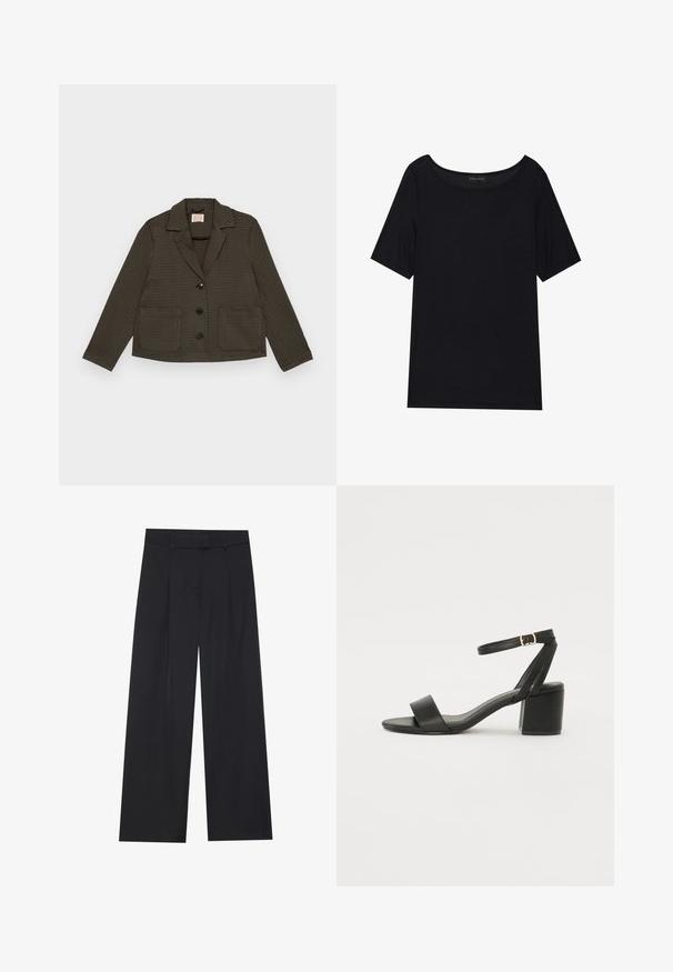 Ruskea ja vihreä kuviollinen takki, jossa on uurrettu kaulus, kolme mustaa nappia edessä ja pitkät hihat. Lyhennetty malli, teksturoitu kangas.; Musta lyhythihainen T-paita, jossa on leveä kaula-aukko. Valmistettu pehmeästä, kevyestä kankaasta. Yksinkertainen muotoilu ilman kuvioita tai korostuksia.; Mustat leveät housut, joissa on sileä pinta, kahdella edessä olevalla laskoksella, vyötärönauhalla ja ilman näkyvää metalliosaa tai taskuja.; Mustat korkokenkä-sandaalit, joissa on sileä nahkapinta, avoin varvas, leveät etuvarteen strapit ja säädettävä nilkkastrap, jossa on kultainen solkiyksityiskohta.