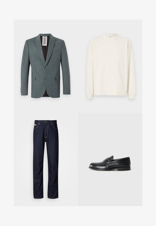 Gray, textured blazer with a notched lapel, two-button front, and front pockets. Interior is dark brown with a visible care label.; Long-sleeve, ribbed knit top in off-white with a crew neckline and fitted cuffs, featuring a relaxed silhouette.; Dark blue denim jeans with a straight-leg design, featuring a button fly, five pockets, and contrasting stitching details.; Black leather loafers with a rounded toe, stitched detailing, and a flat rubber sole. Features a broad band across the instep.