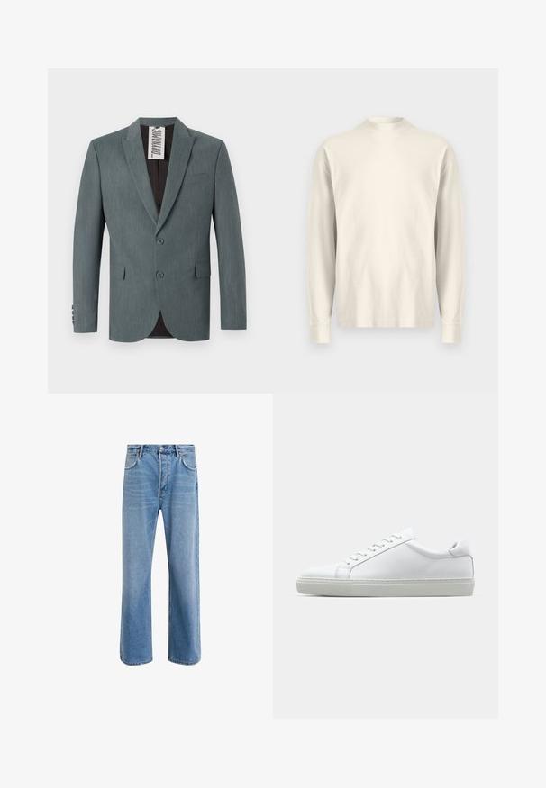 Gray, textured blazer with a notched lapel, two-button front, and front pockets. Interior is dark brown with a visible care label.; Long-sleeve, mock-neck shirt in light cream cotton. Smooth texture, relaxed fit, minimalist design, no visible patterns or accents.; Light blue denim jeans with a straight-leg design, five pockets, button closure, minimal fading, and contrasting stitching details.; White sneaker with a smooth leather upper and a low profile. Features a rounded toe, six eyelets, and a textured rubber sole.