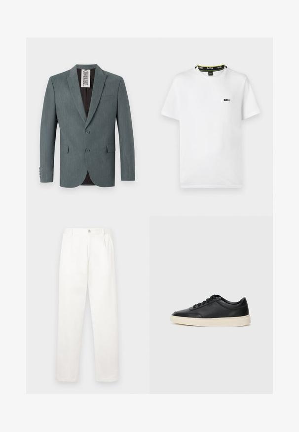 Hall hall, tekstiilne bleiser, millel on nurgaklapid, kahe nööbiga esikülg ja esikohvrid. Siseosa on tumepunane ja seal on nähtav hoolduslible.; Valge puuvillane T-särk, millel on ümmargune kaelus, musta ja rohelise logoribaga ning väike must "BOSS" logo rinnal.; Valged püksid, mis on valmistatud siledast kangast, sirge jala disainiga, ees olevate voldidega ja ühekordse nupuga vöökohtadel.; Mustad musta nahast madal sneaker mustade nööpidega ja kreemivalge tallaga, nähtud külgprofiilis valge tausta ees.