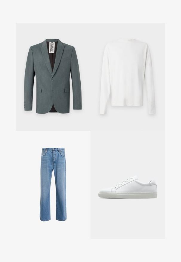 Blazer grigio con texture, colletto a punta, chiusura frontale a due bottoni e tasche anteriori. L'interno è marrone scuro con un'etichetta di cura visibile.; Camicia bianca in cotone a maniche lunghe con scollatura rotonda, spacchi laterali in fondo e una texture liscia, mostrata da dietro.; Jeans in denim blu chiaro con design a gamba dritta, cinque tasche, chiusura con bottone, leggero sbiadimento e dettagli di cucitura a contrasto.; Sneaker bianco con tomaia in pelle liscia e profilo basso. Presenta una punta arrotondata, sei occhielli e una suola in gomma testurizzata.