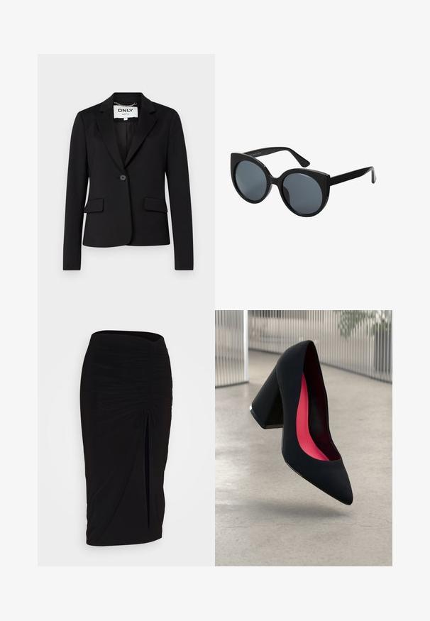Black blazer made of smooth fabric, featuring a single button closure, two front pockets, and a notched lapel design.; Black long-sleeve bodysuit with a high neck, featuring solid fabric on the torso and sheer mesh sleeves, designed in a fitted shape.; Black, ruched pencil skirt with tie detail and a side slit. Made from a stretchy fabric, featuring a smooth texture and form-fitting design.; Black high heel shoe with a pointed toe, textured surface, and a vibrant pink interior. Features a chunky heel with silver accent.; Black oversized sunglasses with cat-eye shape, dark tinted lenses, and glossy plastic frame. Features thick temples for support.