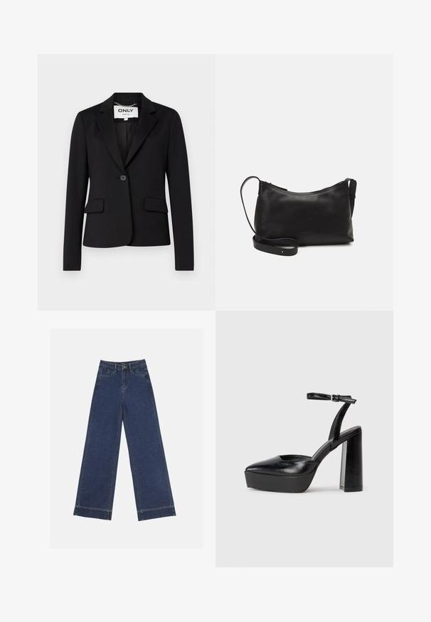 Schwarzer Blazer aus glattem Stoff, mit einem einzigen Knopfverschluss, zwei Fronttaschen und einem Reverskragen-Design.; Schwarzes Baumwoll-T-Shirt mit kurzen Ärmeln, das ein kleines pinkes Schmetterlingsmotiv auf der linken Brust zeigt. Crewneck-Design mit einem entspannten Schnitt.; Weite Jeans in dunkelblauem Denim. Verfügt über fünf Taschen, Gürtelschlaufen und einen rohen Saum am unteren Ende mit sichtbaren Nahtdetails.; Schwarze Plateau-High Heels mit spitzem Zeh und verstellbarem Knöchelriemen. Gefertigt aus glattem Leder und mit einem klobigen Blockabsatz.; Schwarze Ledertasche für die Schulter mit glatter Textur, geschwungener Form, verstellbarem Tragegurt und Reißverschluss. Minimalistisches Design ohne Verzierungen.