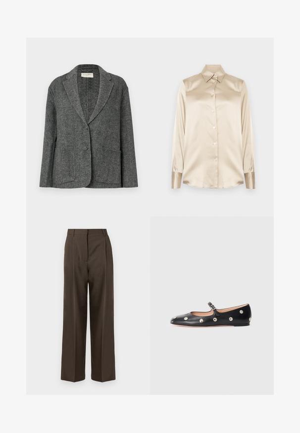 Šedý vzorovaný blejzr vyrobený z texturované tkaniny, disponující klopovým límcem, dvěma předními kapsami a zapínáním na jeden knoflík.; Krémová saténová košile s špičatým límcem, dlouhými rukávy, zapínáním na knoflíky a manžetami s mírně lesklejším povrchem. Bez vzorů nebo akcentů.; Hnědé kalhoty s širokými nohavicemi a hladkým texturou, s vysokým pasem, předními záhyby a přizpůsobeným střihem. Žádné viditelné kapsy ani ozdoby.; Černé kožené baleríny typu Mary Jane s kulatou špičkou, zdobené stříbrnými kulatými nýty a nastavovacími popruhy se sponou.