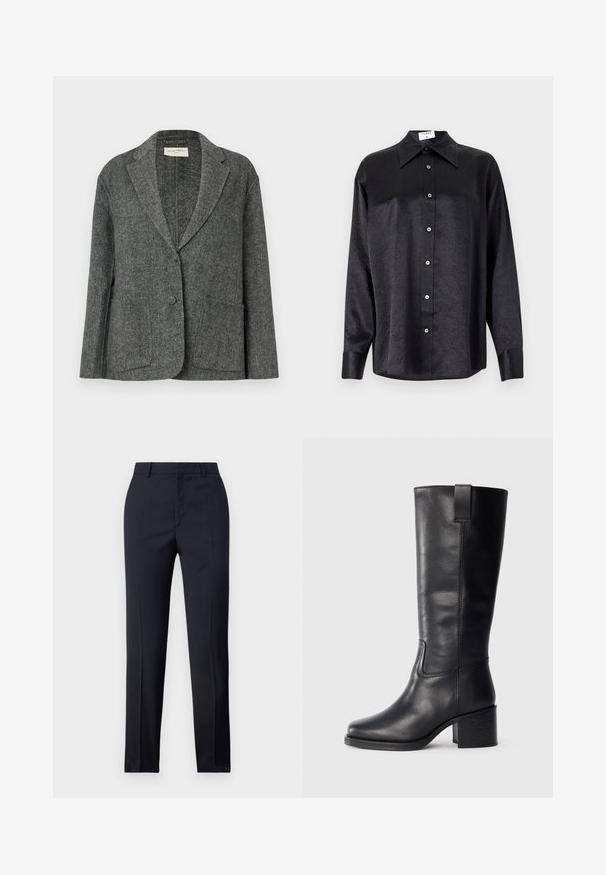 Pilkas herringbone stiliaus bleiseris, pagamintas iš tekstūruoto audinio, su iškirpte, dviem priekinėmis kišenėmis ir vieno mygtuko užsegimu.; Juodas ilgarankovis marškinis su apykakle, turintis plėšyta tekstūra, visiško mygtukų uždarymo priekyje ir rankogaliais. Pagamintas iš lygaus audinio.; Jūriniai pritaikyti kelnes su tiesiu kirpimu, turinčios lygų paviršių, dvi priekinės kišenės ir švarus liemuo.; Juodos odinės iki kelių siekiančios botai su lygiu paviršiumi, kvadratiniu pirštu, storu kulnu ir šoniniu kilputė, su minimaliais siuvimo akcentais.