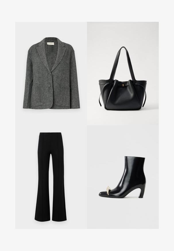 Szürke halszálkás blézer texturált anyagból, amelyet jellegzetes hajtókával, két elülső zsebbel és egy gombos záródással terveztek.; Fehér pamut póló rövid ujjal, kerek nyakkivágással, laza fazonnal és varrott szegéllyel. Címke látható a belső nyakrészén.; Fekete, flared nadrág magas derékkal, rugalmas anyagból készült. Elölnézetén függőleges varrásokkal rendelkezik, sima textúrával.; Fekete bokacsizma fényes bőrből, hegyes orral és díszes arany- és ezüstszínű részlettel az elején. Tömör sarok kialakítás.; Fekete bőrtáska két hosszú pánttal, összehúzott tetejével és arany kör alakú díszítéssel. Sima felület, minimalista design.