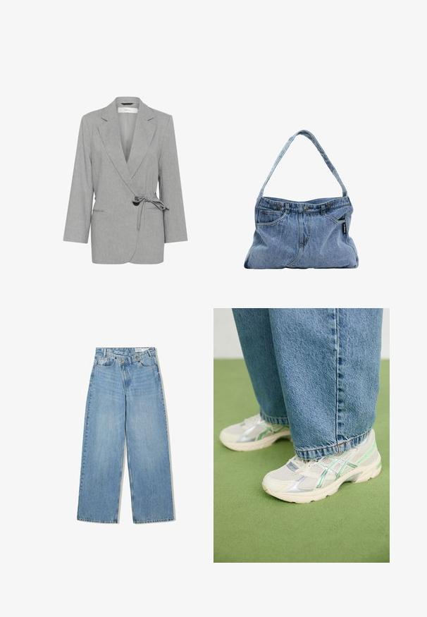 Sivi, teksturiran sako s dizajnom omote, dugim rukavima i vezanom strukom. Sadrži dvije prednje džepove i rever s izrezom.; PULL&BEAR Top - white; Svijetloplave široke traperice od denima, s visokim strukom, pet džepova, zatvaranjem na gumb i suptilnim izbjeljivanjem za teksturu.; Bijele i srebrne mrežaste tenisice s zelenim akcentima, nosene s širokim plavim trapericama, stoje na zelenom tepihu.; Denimska torba preko ramena s zakrivljenim remenom, dva prednja džepa i gornjim djelom na dugme, s svijetlopPlavom tkaninom i kontrastnim detaljima šivanja.