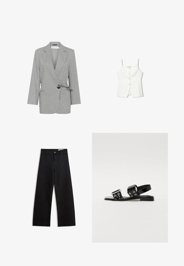 Sivý, štruktúrovaný blejzer so zavinovacím dizajnom, dlhými rukávmi a viazaním v páse. Obsahuje dve predné vrecká a klopy v tvare niečky.; Biely top bez rukávov s gombíkovým predným zapínaním, bočnými vreckami a priliehavým strihom s mierne rozšíreným lemom. Hladká textúra, minimálne detaily.; Čierne denimové nohavice s širokými nohavicami a vysokým pásom, so prednými a zadnými vreckami, šitými švami a zapínaním na gombík. Hladká textúra.; Čierne lakované sandále majú dve široké remienky so striebornými očkami a prackami, plochú podrážku a dizajn okolo členka.