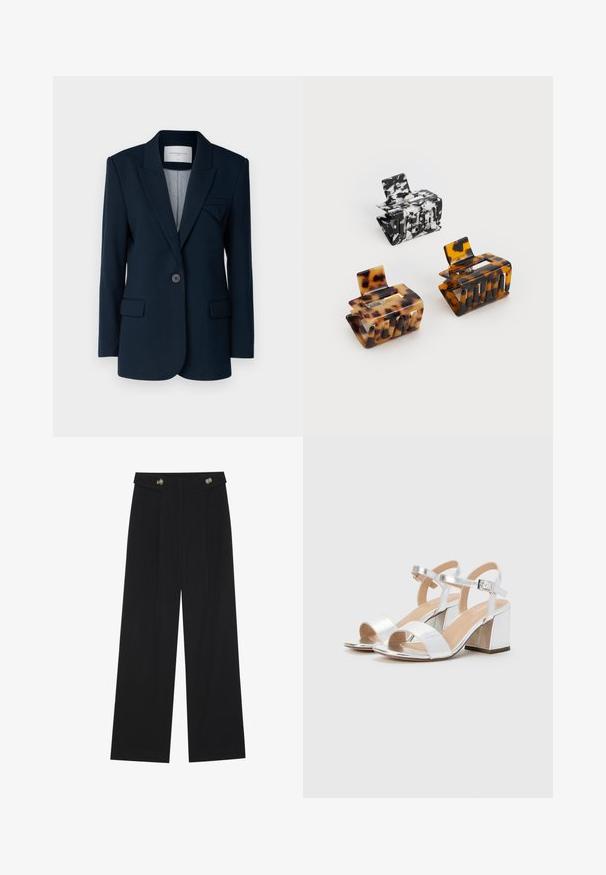 Marineblauwe blazer met een enkele knoopsluiting, notch-revers, twee voorzakken en een borstzak. Soepele stof met een getailleerde pasvorm.; Lange mouw T-shirt van crème katoen, met een ronde hals, aansluitend ontwerp en een klein logo-detail vlakbij de zoom. Gladde textuur.; Zwarte wijde broek met hoge taille, knoopdetails op de tailleband en plooien aan de voorkant.; Zilveren hoge hakken sandalen met open tenen, voorzien van twee brede banden en een ronde blokhak. Glad oppervlak met metallic afwerking.; Drie haarspelden: één gemarmerd in zwart en wit, twee tortoise-shell in bruine en zwarte tinten, allemaal gemaakt van glanzend plastic met een gewelfde afwerking.