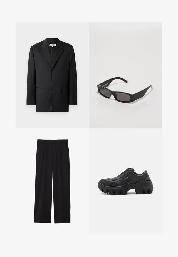 Mustas särk, mis on valmistatud siledast kangast, millel on sakiline krae, kolm esitukke ning kaks esikotti. Klassikaline saanud disain.; Mustad mustrisviid, millel on ümar kaelus, pikkade varrukatega ning soonikkoes varrukatel ja äärel, esitatud virnastatud korral.; Mustad laiad püksid pleediga esiosas, küljetaskud ja sile kangas. Disainitud mugavaks istuvuseks.; Mustad musta suss täiskasvanutele, paksu lõhenemisega tallaga, tekstuuriga külgkattega, paeltega esiots ja kaubamärgi nimi "ROMBAUT" külgpaneelil.; Mustad mustad prillid tumedate läätsedega, sile plastist raam ja tagasihoidlik logo vasakul käel. Minimalistlik disain.