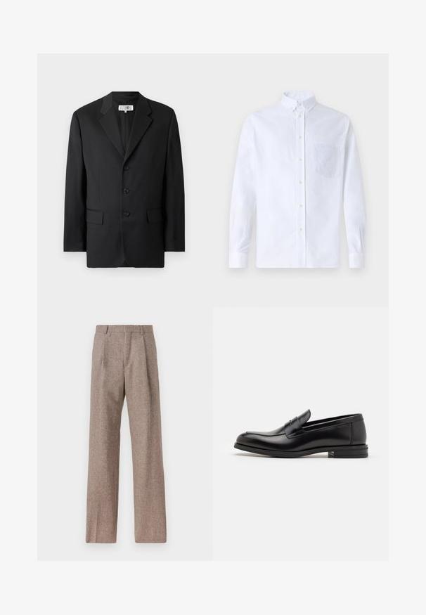 Juodas švarkas, pagamintas iš sklandaus audinio, su išpjautu apykakle, trimis priekiniais mygtukais ir dviem priekinėmis kišenėmis. Klasikinis pritaikytas dizainas.; Balta ilga rankovė mygtukų marškiniai, pagaminti iš medvilnės, su krūtine kišene ir toniniu siuvinėjimu, apykakle ir mygtukų apvadu.; Rudos, aukšto liemens kelnes, pagamintas iš tekstūruotos medžiagos. Plati kojos, dvi priekinės klostės struktūrai. Tvarkingas apdailos darbai, be matomų detalių.; Juodos odinės loafers, turinčios lygų paviršių, apvalią noselę ir dekoratyvinę juostą per priekinę dalį. Žemas krentantis kulnas, minimalistinis dizainas.
