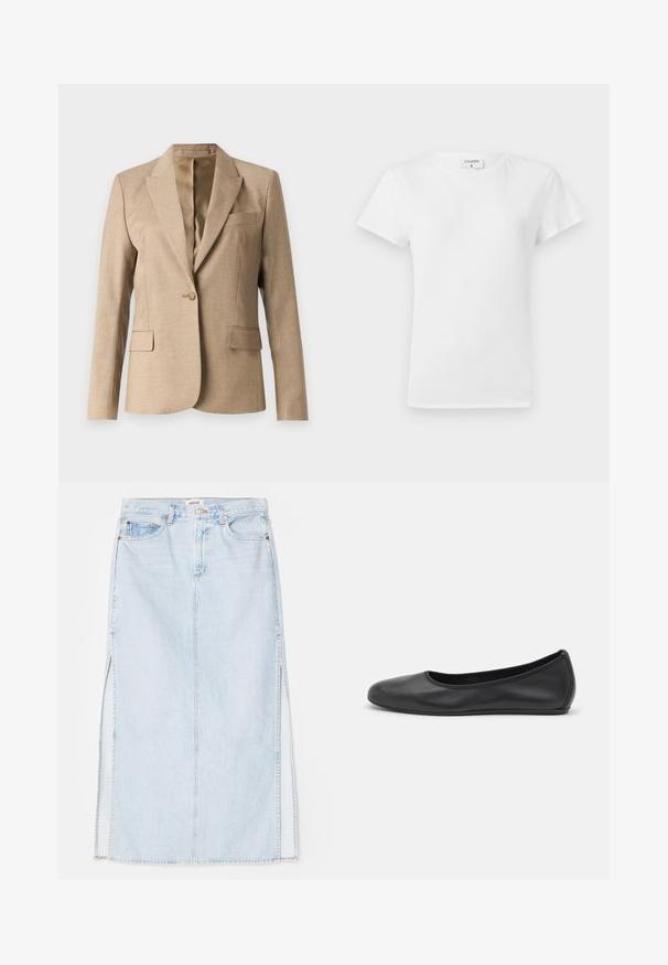 Beige blézer, kerek gallérral, egynyomású záródással és két elülső zsebbel. Texturált anyag, sima bélés.; Fehér pamut póló kerek nyakkivágással és rövid ujjal, laza fazonban és minimalista dizájnnal. A címke látható a nyakán.; Világoskék farmer maxi szoknya egyenes szabással, oldalsó hasítékokkal és öt zsebes kialakítással. Kiemelkedő varrás és fém gombos zárás.; Fekete bőr balettcipő lekerekített orral, sima tekstúrával, minimális varrással és rugalmas talp kialakítással.