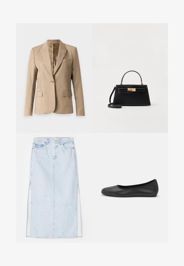 Bež bleiser, millel on sakiline krae, üks nupp sulgemiseks ja kaks esist taskut. Tekstureeritud kangas, millel on sile sisemine vooder.; Valge puuvillane T-särk ümmarguse kaelusega ja lühikeste varrukatega, lõdva lõike ja minimalistliku disainiga. Silt on nähtav kaeluses.; Heledsinine denim maxi seelik sirge lõikega, millel on külgmised lõhed ja viie taskuga disain. Silmapaistev õmblus ja metallist nööp sulgemiseks.; Musthave mustika tantsutossud mustast nahast, ümmarguse varbaga, siledast tekstuurist, minimaalse õmblusdetailiga ja paindliku tallakujundusega.; Must must käekott, millel on struktureeritud trapetsikujuline kuju, kuldne kinnitusklaas ja kontrastne valge õmblus. Kaasas on lühike käepide ja pikk rihm.