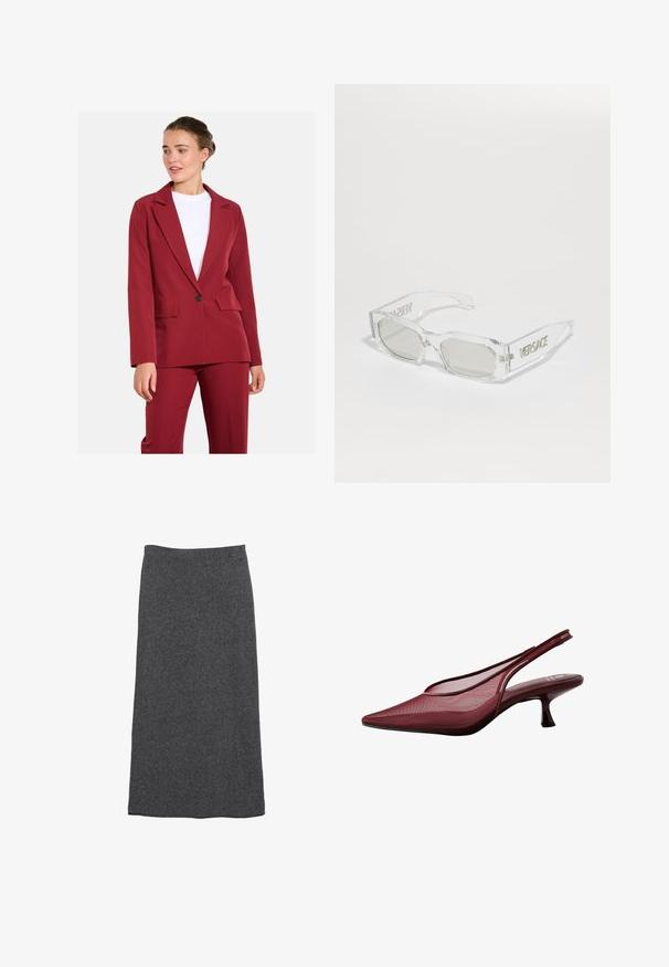 Bordeaux op maat gemaakte blazer met notch revers, enkele knoopsluiting en twee voorzakken. Glad materiaal met een gestructureerde pasvorm.; Donkergrijs gebreide trui met een V-hals ontwerp, met korte mouwen over een witte collshirt. De textuur is geribbeld, met een gelaagd uiterlijk.; Grijze wollen maxi rok met een rechte snit en elastische tailleband, met een zachte textuur en een gladde afwerking. Geen zichtbare patronen of accenten.; Bordeaux slingback pumps met een spitse neus en een bovenwerk van gaas. Beschikt over een slanke hak en uitsnijdingen, wat een elegante silhouet biedt.; Heldere plastic zonnebril met grijze lenzen, rechthoekige vorm, reliëf "Versace" logo op de pootjes, die een modern design laat zien.
