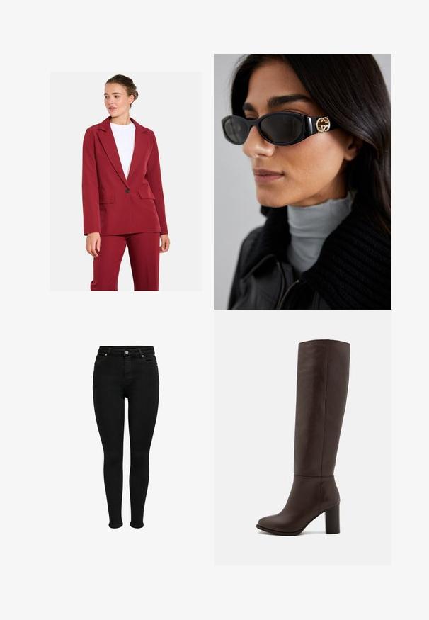 Blazer ajustado burdeos con solapas con muesca, cierre de un solo botón y dos bolsillos frontales. Tejido suave con un ajuste estructurado.; Suéter negro de punto con cuello redondo, mangas largas y puños y dobladillo de canalé. Textura suave y diseño simple sin patrones.; Vaqueros skinny negros de cintura alta con botón frontal, trabillas para cinturón y diseño de cinco bolsillos, exhibidos sobre un fondo blanco.; Bota de cuero marrón hasta la rodilla con tacón bloque, textura suave, punta redondeada y detalles de costura mínimos.; Gafas de sol negras con un elegante marco rectangular y un acento de logotipo dorado en el lateral. Las lentes oscuras y el acabado brillante son prominentes.