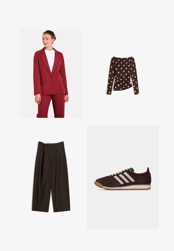 Burgunderfarbener taillierter Blazer mit Reverskragen, einreihigem Knopfverschluss und zwei vorderen Taschen. Glattes Gewebe mit strukturierter Passform.; Braunes Langarmoberteil mit tiefem Rundhalsausschnitt, das große weiße Punkte aufweist und eine Raffung an der Taille für eine figurbetonte Passform hat.; Dunkelbraune, weite Hosen mit hohem Bund, die über einen einzigen Knopfverschluss und eine gefaltete Vorderseite verfügen. Hergestellt aus leichtem Stoff.; Niedrig profilierter dunkelburgunderfarbener Adidas Sneaker mit weißen Streifen, cremfarbenen Schnürsenkeln und Gummisohle, seitliche Ansicht vor einfarbigem Hintergrund.