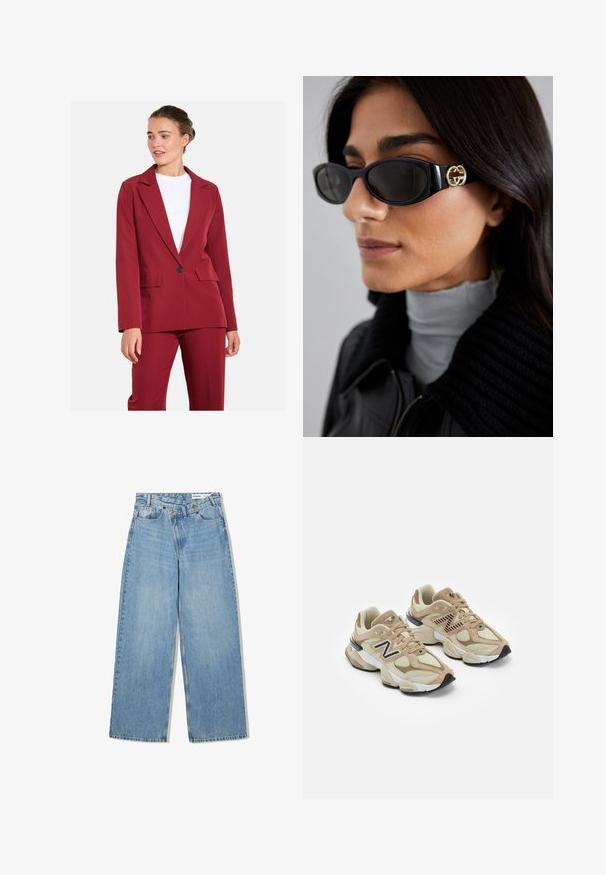 Burgundská prispôsobená sako s výstrihom, jedným gombíkom a dvoma prednými vreckami. Hladká tkanina so štruktúrovaným strihom.; Svetlo béžová tielko vyrobené z jemného materiálu, s tenkými nastaviteľnými ramienkami a výstrihom do V s mierne uvoľneným strihom.; Svetlomodré široké džínsy vyrobené z denimu, s vysokým pásom, piatimi vreckami, zapínaním na gombík a jemným vyblednutím pre textúru.; Béžové tenisky s kombináciou sieťoviny a semišu. Obsahujú čierne logo a štruktúrované akcenty. Hladká biela medzipodrážka a čierna gumová podrážka.; Čierne slnečné okuliare s elegantným obdĺžnikovým rámom a zlatým logom na boku. Tmavé šošovky a lesklý povrch sú výrazné.