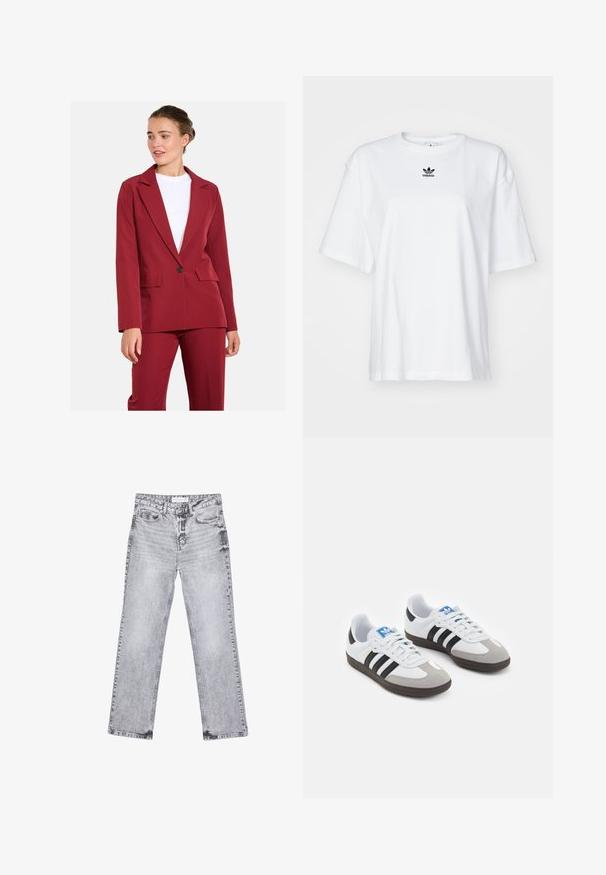 Blazer su misura bordeaux con revers a punta, chiusura con un bottone e due tasche frontali. Tessuto morbido con una vestibilità strutturata.; T-shirt bianco a maniche corte in cotone. Presenta un collo rotondo e un piccolo logo Adidas nero sul petto. Orlo dritto.; Jeans in denim grigio con taglio dritto, dettagli sfilacciati, cinque tasche e rivetti in rame. La cintura presenta un'etichetta con il logo.; Scarpe sportive con tomaia in pelle bianca, punta in suede grigia e tre strisce nere. Presentano un logo blu sulla linguetta e una suola in gomma testurizzata.