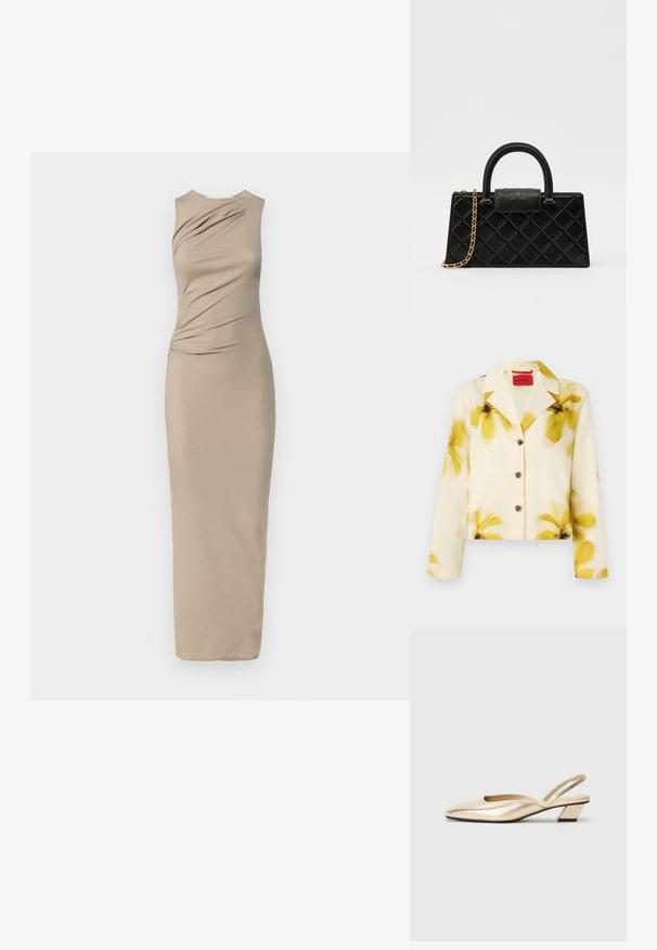 Zkrátená bunda z jemnej látky, krémová s žltou kvetinovou potlačou, s vystrihnutým golierom, zapínaním na gombíky vpredu a dlhými rukávmi. Ozdobená tmavými gombíkmi.; Béžové šaty bez rukávov s nariasením po strane, priliehavého strihu a dlhým lemom po zem. Hladká tkanina s jemným leskom.; Metalické zlaté slingback podpätky s špicatou špičkou, nízkym blokovým podpätkom a hladkou textúrou. Minimalistický dizajn s detailom výrezu na boku.; Čierna kabelka vyrobená z textúrovanej kože, s diamantovým vzorom, zlatohnedým reťazovým popruhom a hornou rukoväťou s klopou so zlateným logom.