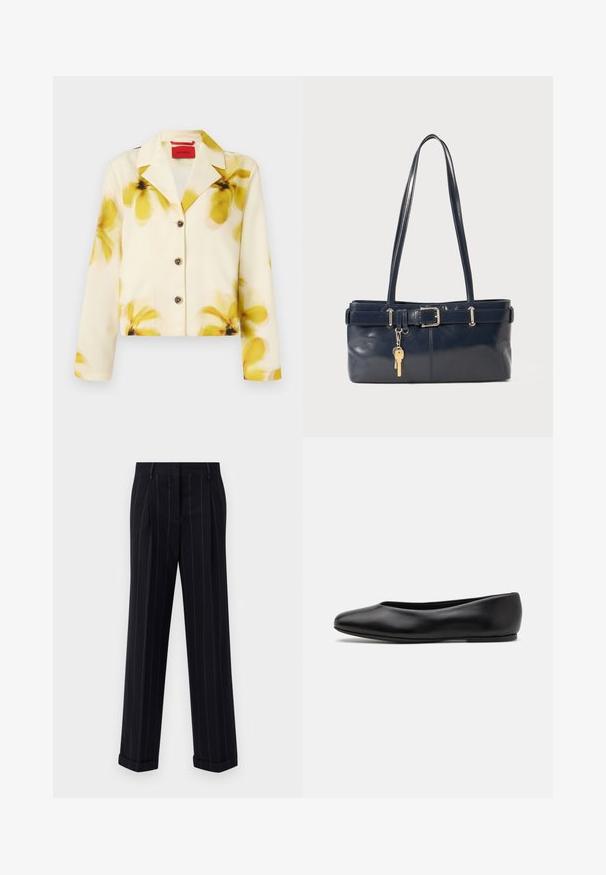 Cropped jacket in soft fabric, cream with yellow floral print, notched collar, button front, and long sleeves. Accented with dark buttons.; Dark navy sweater with a round neckline, long raglan sleeves, ribbed cuffs, and a straight hem. Made from a soft, textured knit material.; Black pinstriped trousers with a tailored fit, featuring a cuffed hem and front pleats. Made of smooth fabric with a structured design.; Paul Smith TOPANGA - Ballet pumps - black; Navy leather handbag with two long handles, a buckle detail, and a keychain attached. Features a smooth texture and a rectangular shape.