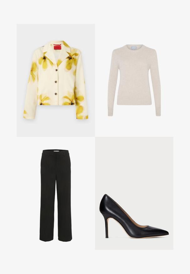 Korte jas van zachte stof, crèmekleurig met gele bloemenprint, met een notch kraag, knopen aan de voorkant en lange mouwen. Accentueert met donkere knopen.; Style Republic KASCH-MIR ROUNDNECK JUMPER - Trui - sand; Zwarte pantalon met streepdessin en een rechte tailleband met riemlussen, gemaakt van geweven stof, met verticale strepen in een contrasterende kleur.; Zwarte leren hoge hakpumps met een spitse neus en een slanke stilettohak. De gladde textuur en minimale details zorgen voor een klassiek ontwerp.