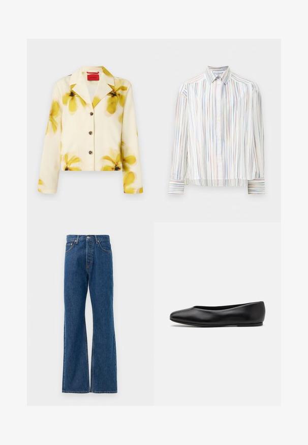Afskåret jakke i blødt stof, cremefarvet med gult blomsterprint, med spidse kraver, knaplukning og lange ærmer. Pyntet med mørke knapper.; Stribet skjorte med hvid bund, prydet med smalle meget farverige linjer i blå, orange og grøn. Lange ærmer og klassisk krave.; Blå denim flared jeans med høj talje, der har fem lommer, en sølvfarvet knaplukning og synlige stikninger.; Paul Smith TOPANGA - Ballerinasko - black